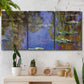 Three-panel canvas wall art featuring blue and purple water lily pond, displayed in a boho-chic entryway above a console table.