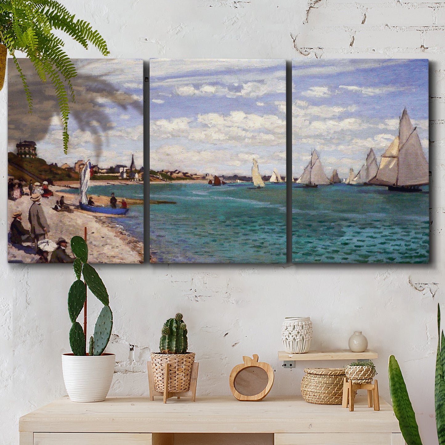 Three-panel canvas wall art featuring river basin with boats, displayed in a boho-chic entryway above a console table.