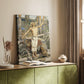 Canvas art print of a dramatic figure expressing despair in a dark natural setting styled in a home decor setting.