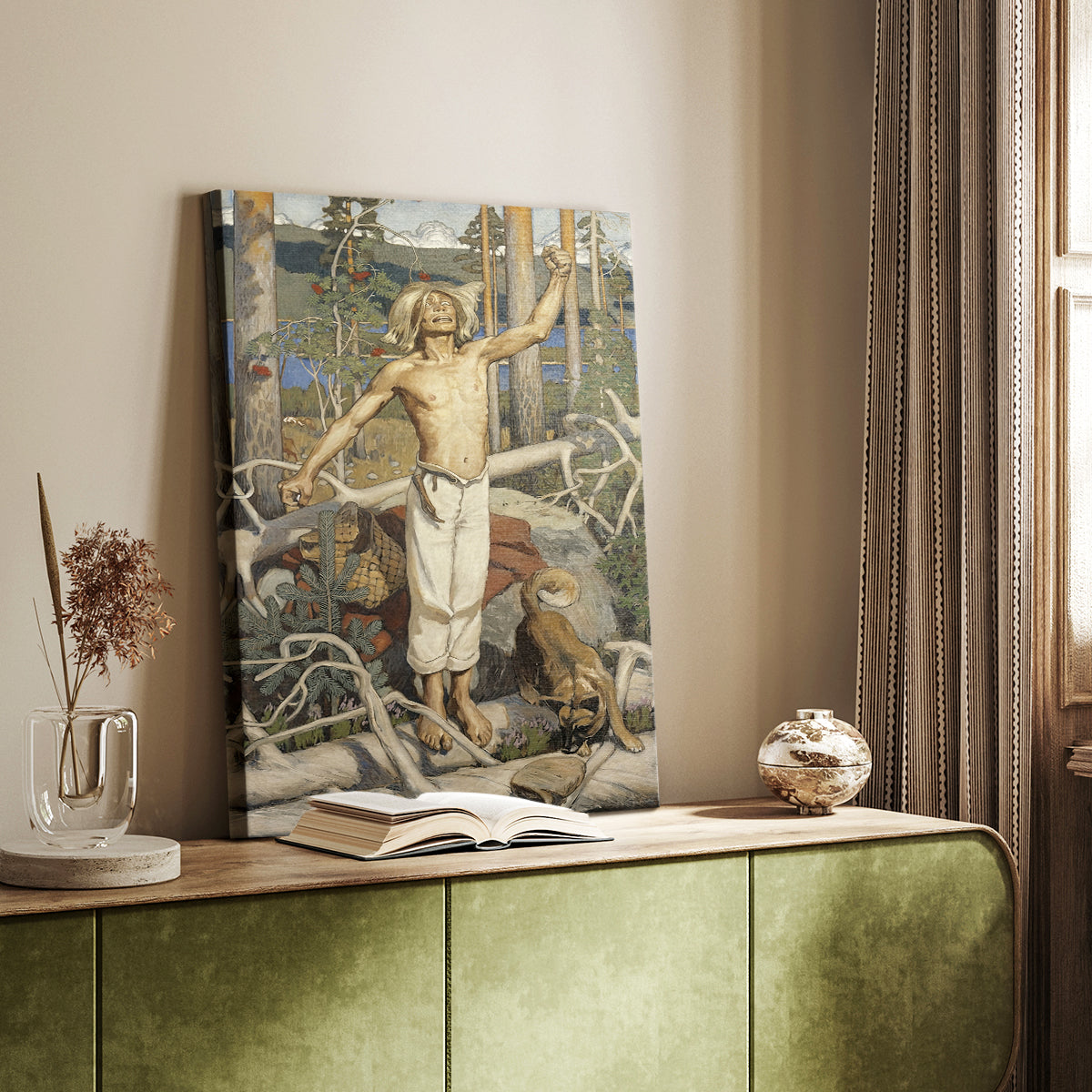 Canvas art print of a dramatic figure expressing despair in a dark natural setting styled in a home decor setting.