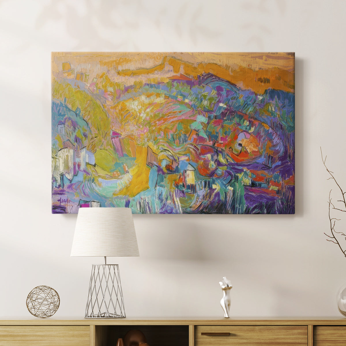 Colorful abstract landscape depicting vibrant hills and valleys at sunset with varying hues and forms