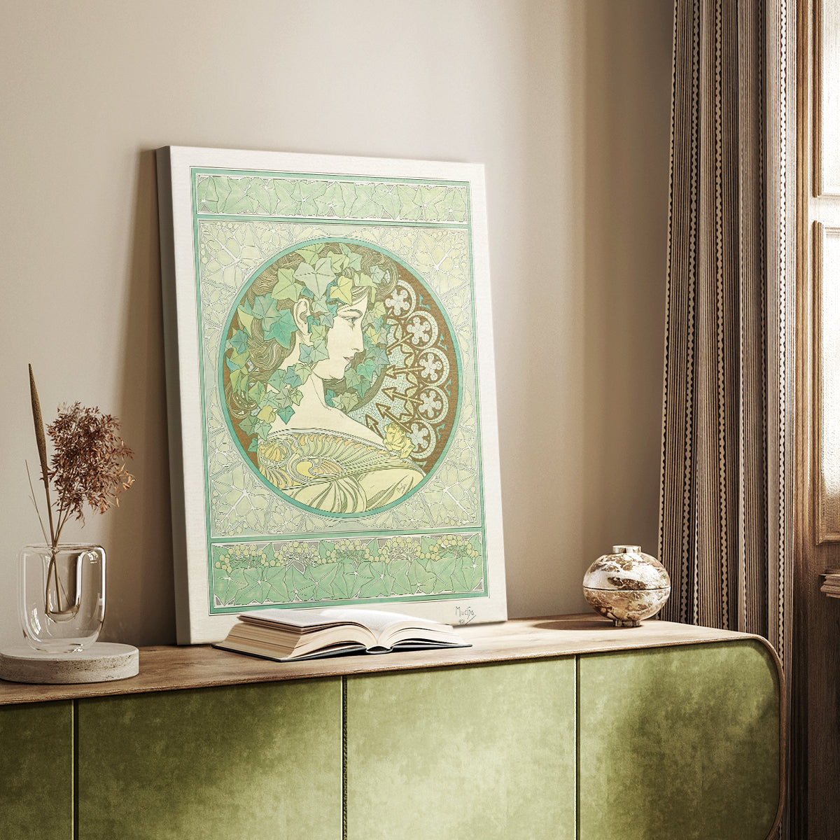 Canvas art print of a stylized female figure framed by foliage and decorative patterns styled in a home decor setting.