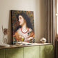 Canvas art print of a refined female figure with rich color and soft expression styled in a home decor setting.