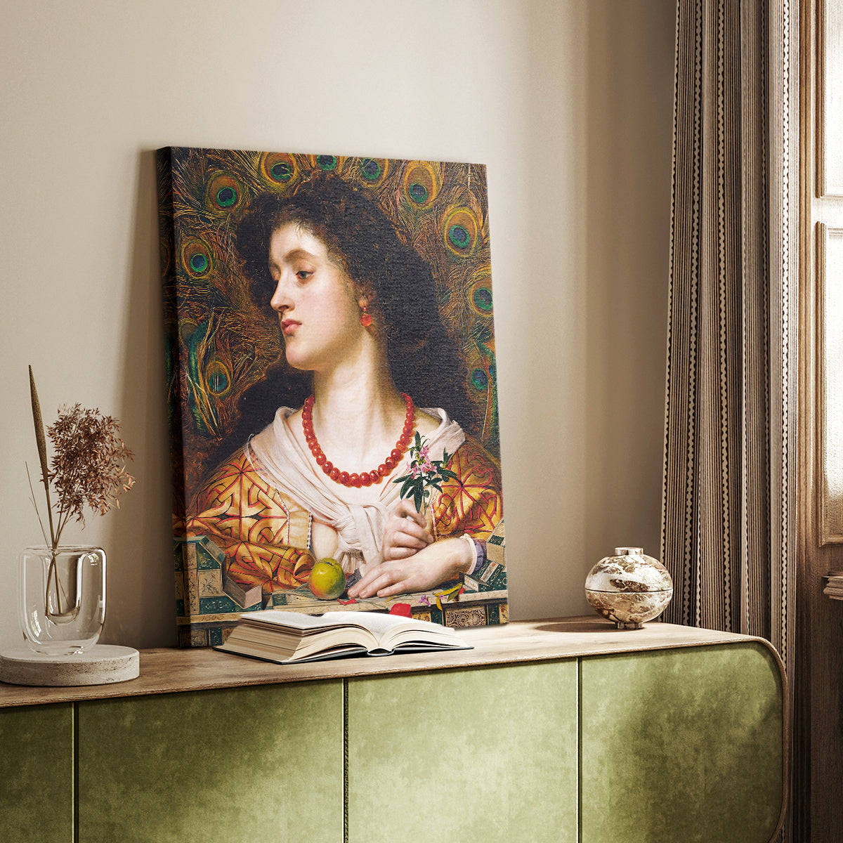 Canvas art print of a refined female figure with rich color and soft expression styled in a home decor setting.