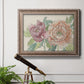 Modern peony floral drawing in an ornate traditional silver frame displayed in a light-toned interior setting.