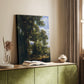 Canvas art print of a natural setting with figures and livestock in soft light styled in a home decor setting.