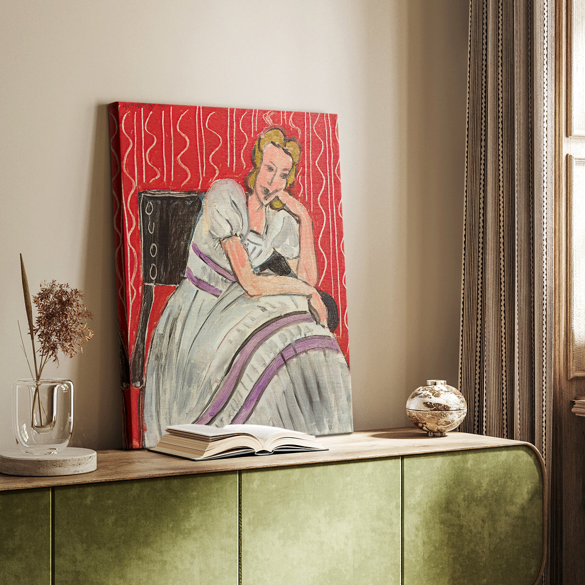 Canvas art print of a calm figure with simplified form and muted tones styled in a home decor setting.
