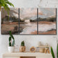 Three-panel canvas wall art featuring quiet pond with soft reflections, displayed in a boho-chic entryway above a console table.