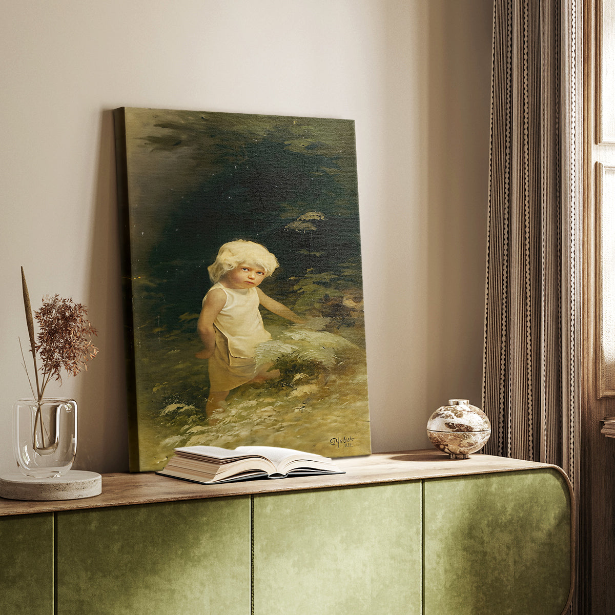 Canvas art print of a stylized figure walking outdoors in calm surroundings styled in a home decor setting.