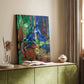 Canvas art print of a geometric forest composition with animals and vivid tones styled in a home decor setting.