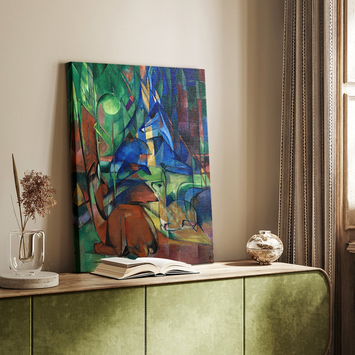 Canvas art print of a geometric forest composition with animals and vivid tones styled in a home decor setting.