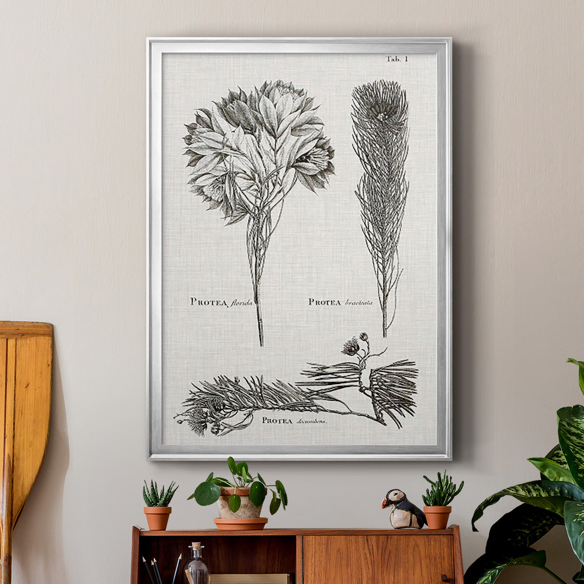 Black & White Protea on Linen I - Modern Framed Canvas Print