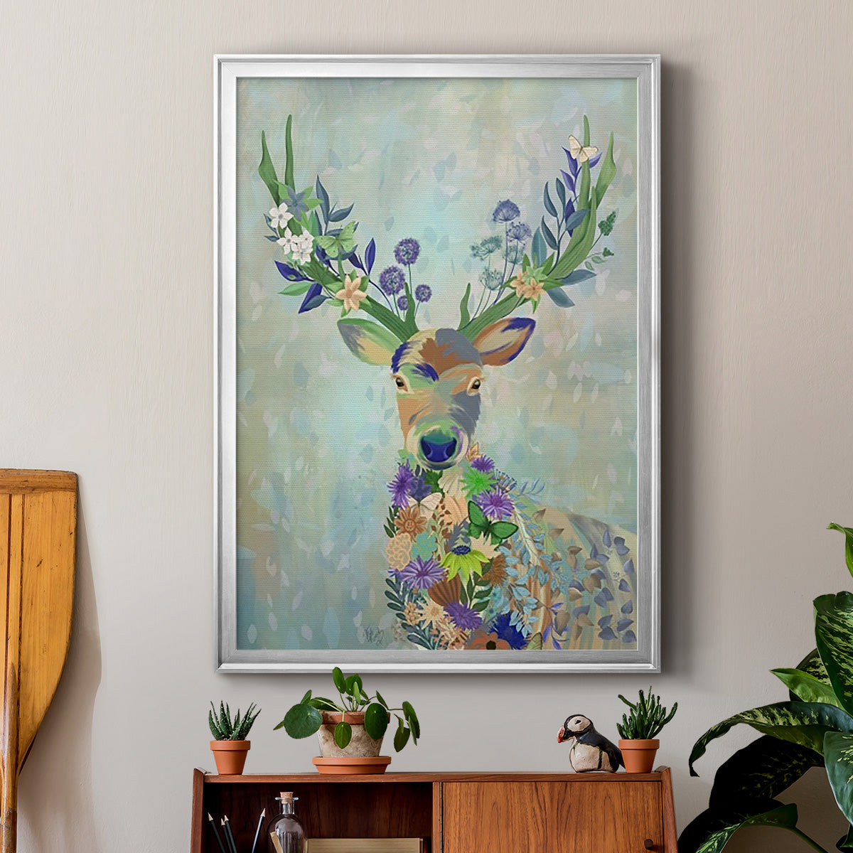 Fantastic Florals Deer, Portrait - Modern Framed Canvas Print