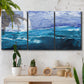 Three-panel canvas wall art featuring impressionist nautical harbor scene, displayed in a boho-chic entryway above a console table.
