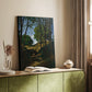 Canvas art print of a woodland scene with vertical trees and muted tones styled in a home decor setting.