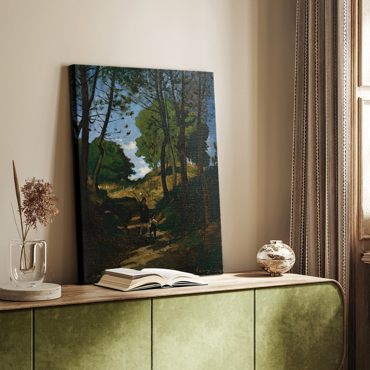 Canvas art print of a woodland scene with vertical trees and muted tones styled in a home decor setting.