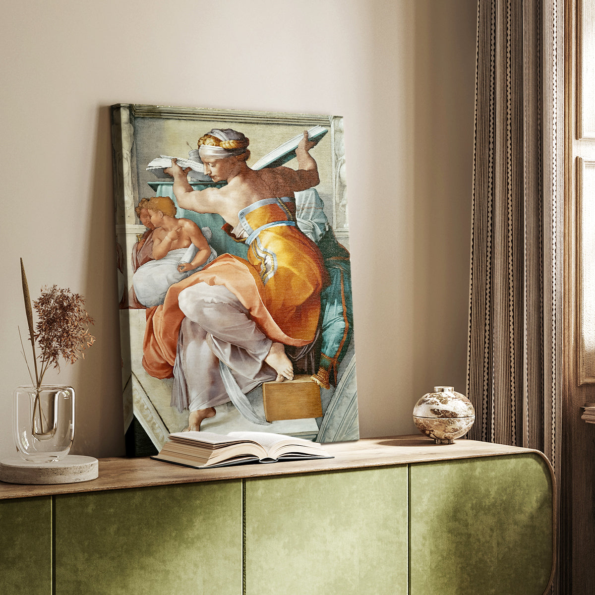 Canvas art print of a classical figure with strong anatomy and flowing drapery styled in a home decor setting.
