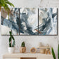 Three-panel canvas wall art featuring repeating abstract geometric array, displayed in a boho-chic entryway above a console table.
