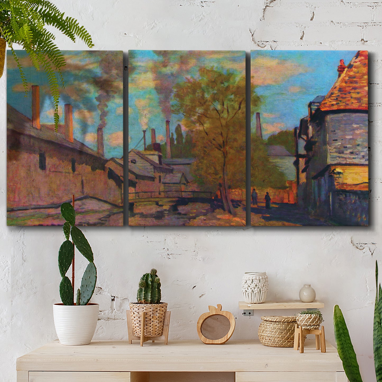 Three-panel canvas wall art featuring wooded stream landscape, displayed in a boho-chic entryway above a console table.