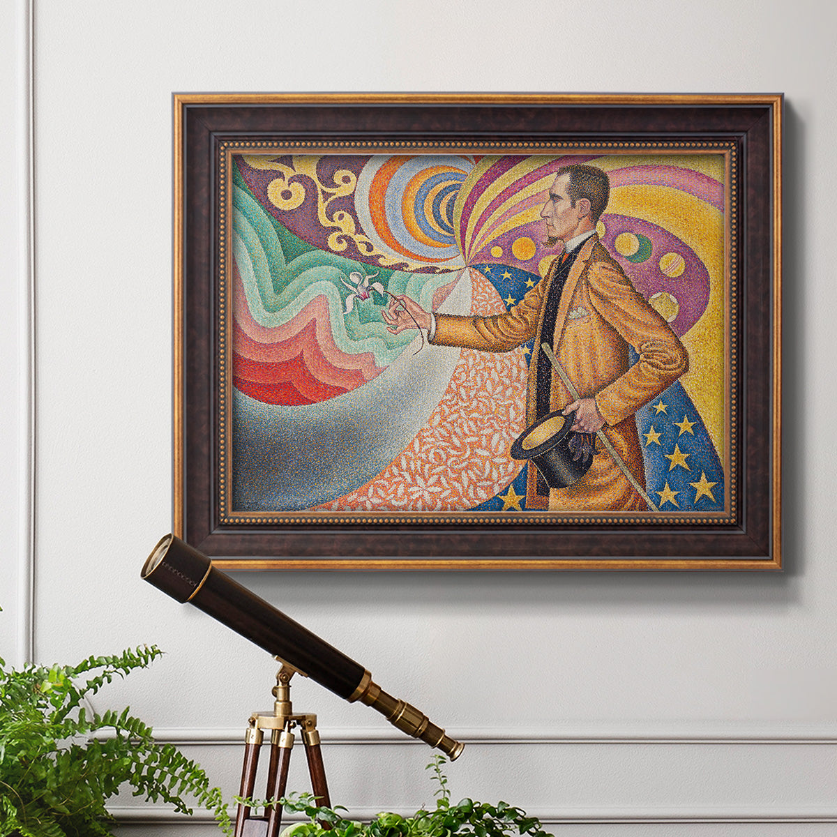 Neo-impressionist abstract portrait by Paul Signac in an ornate bronzed mahogany wood frame displayed in a light-toned interior setting.