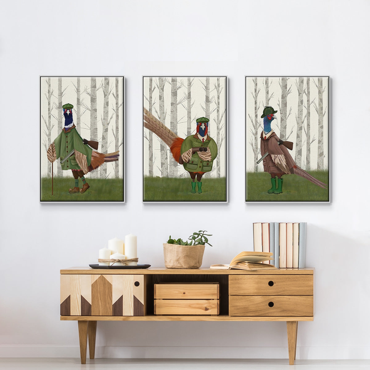 Pheasant Shooting Party 5 - Framed Premium Gallery Wrapped Canvas L Frame 3 Piece Set - Ready to Hang