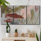 Three-panel canvas wall art featuring minimalist abstract line textures, displayed in a boho-chic entryway above a console table.