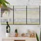 Three-panel canvas wall art featuring minimal abstract storm movement, displayed in a boho-chic entryway above a console table.