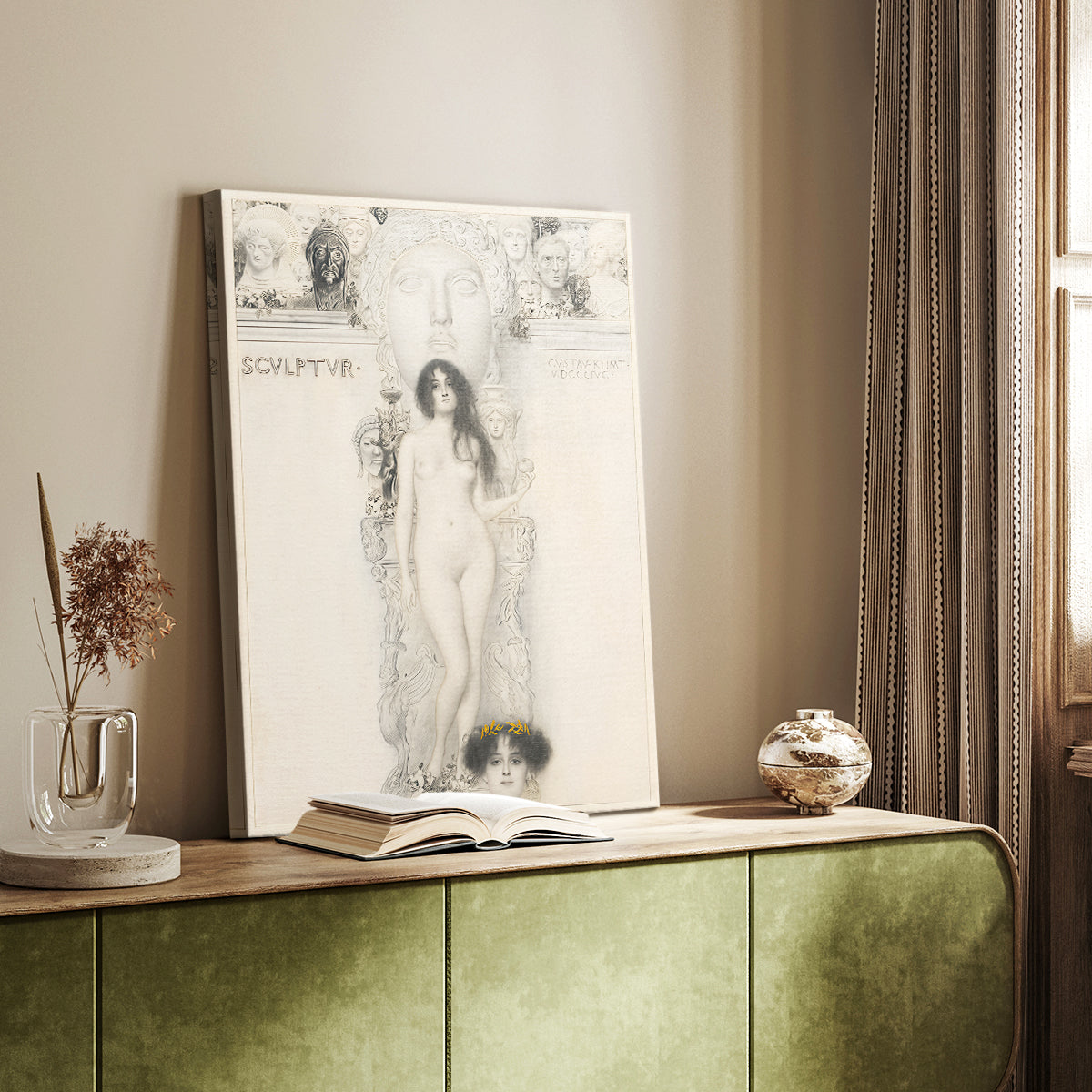 Canvas art print of a simple sketch with soft shading and refined contours styled in a home decor setting.