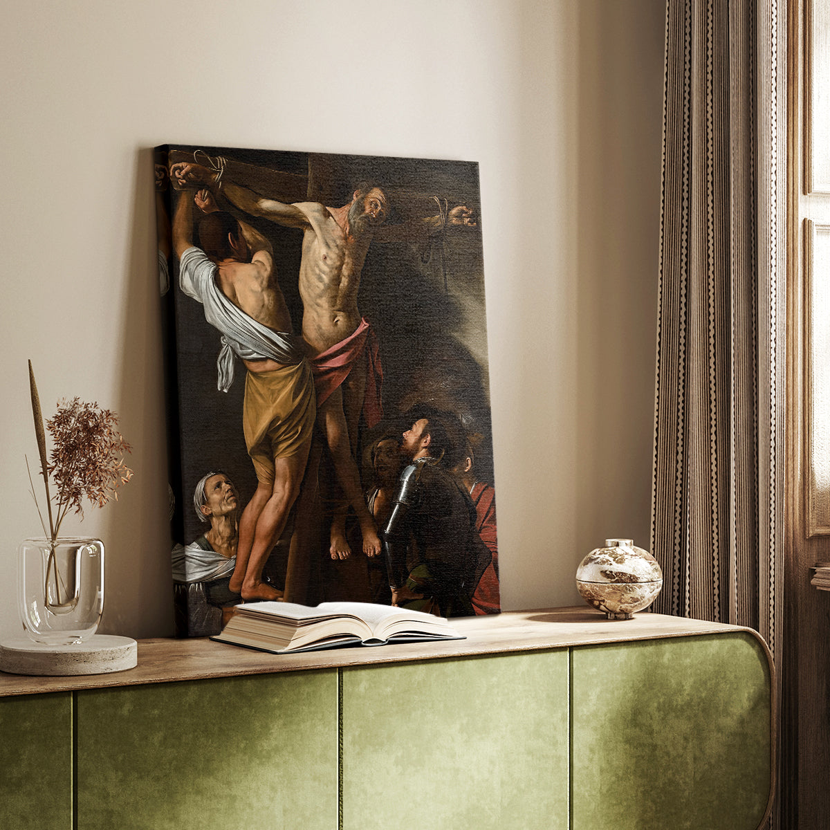 Canvas art print of a dramatic composition with figures gathered around a crucifixion styled in a home decor setting.