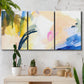 Three-panel canvas wall art featuring bright abstract candy colored strokes, displayed in a boho-chic entryway above a console table.