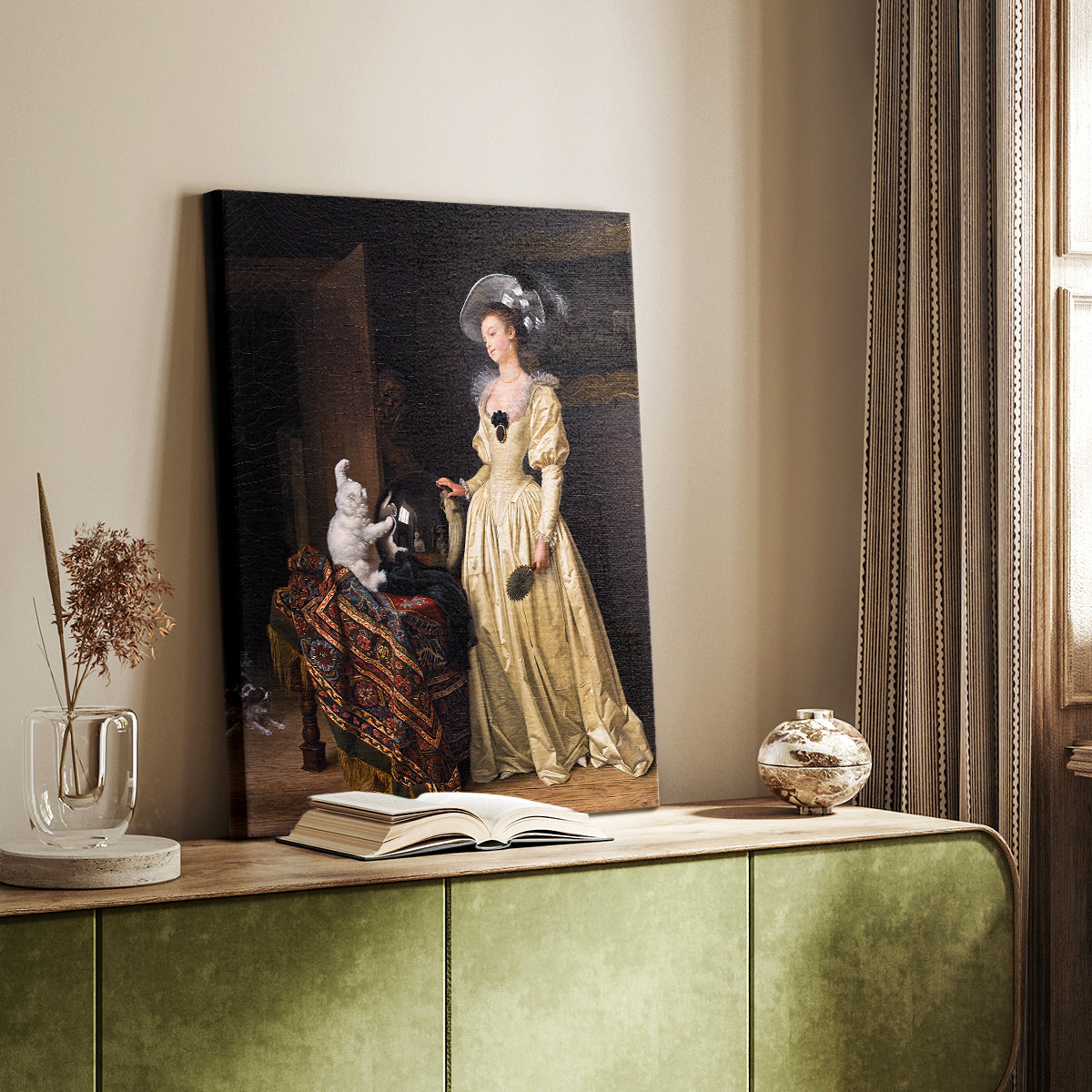 Canvas art print of a refined figure with a cat and delicate pastel tones styled in a home decor setting.