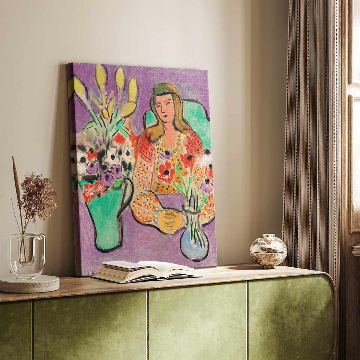 Canvas art print of a stylized figure with bright blooms and bold color contrast styled in a home decor setting.