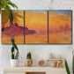 Three-panel canvas wall art featuring venetian church at twilight, displayed in a boho-chic entryway above a console table.