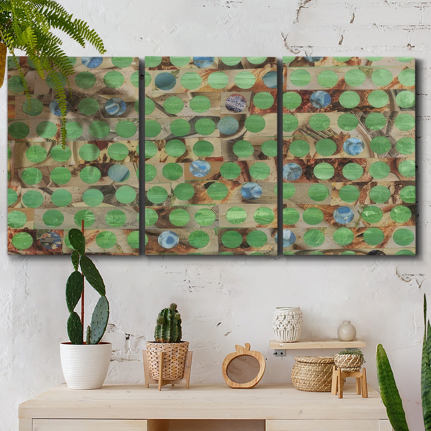 Three-panel canvas wall art featuring geometric fractal abstract slot pattern, displayed in a boho-chic entryway above a console table.