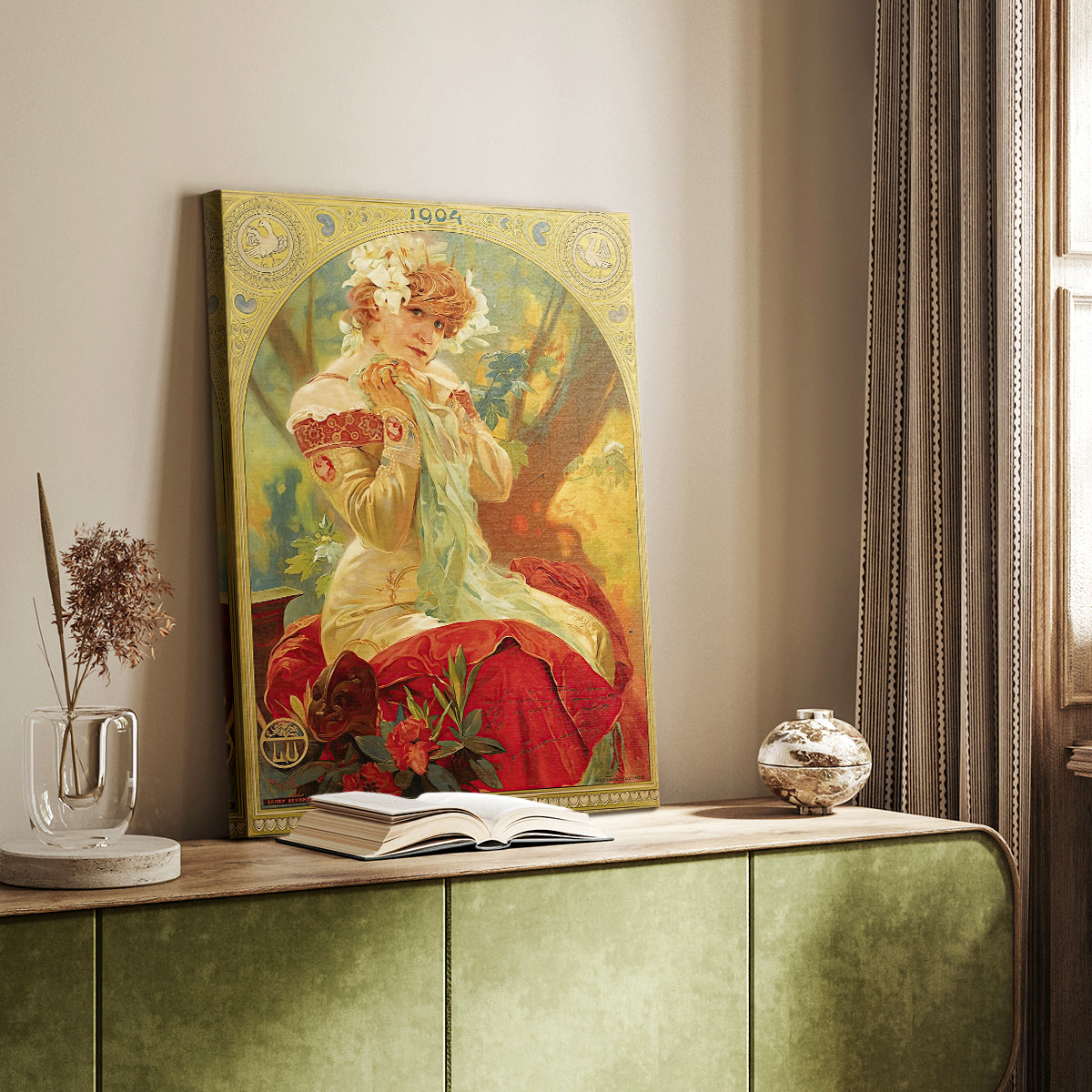 Canvas art print of a stylized actress portrait with flowing lines and soft tones styled in a home decor setting.