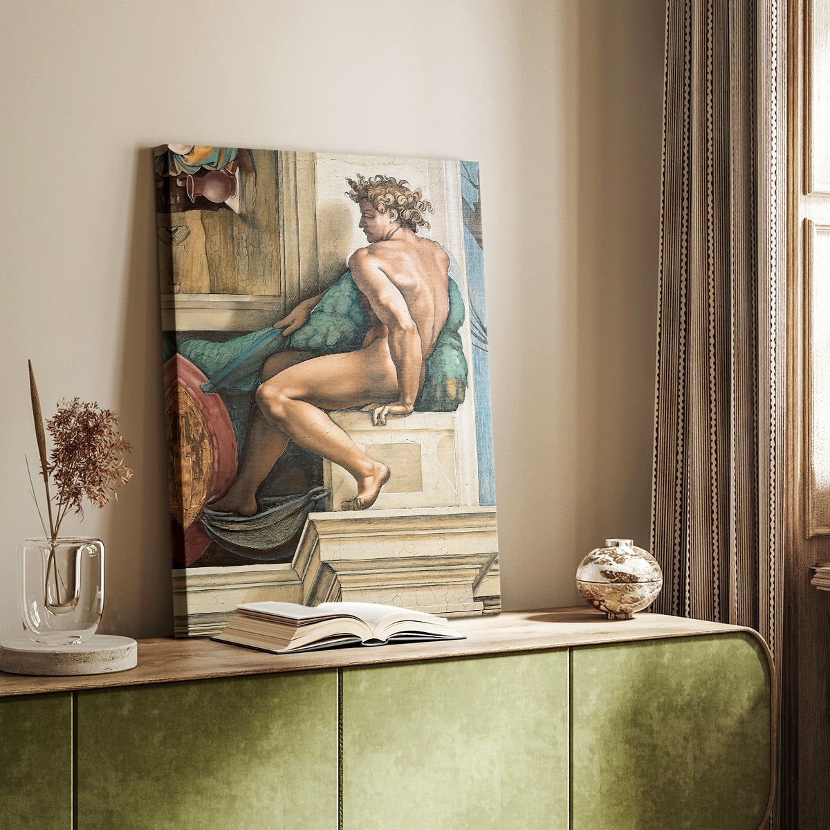 Canvas art print of a muscular figure with dynamic posture and soft shading styled in a home decor setting.