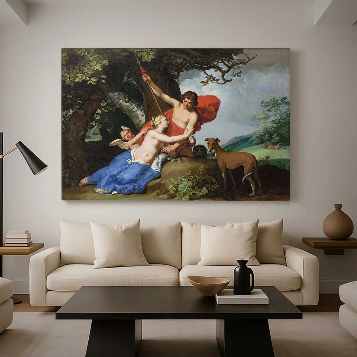 Canvas art print featuring a romantic depiction of Venus pleading with Adonis in a lush natural setting, displayed in a spacious living room