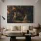 Canvas art print featuring a rural composition featuring hunter and animals, displayed in a spacious living room