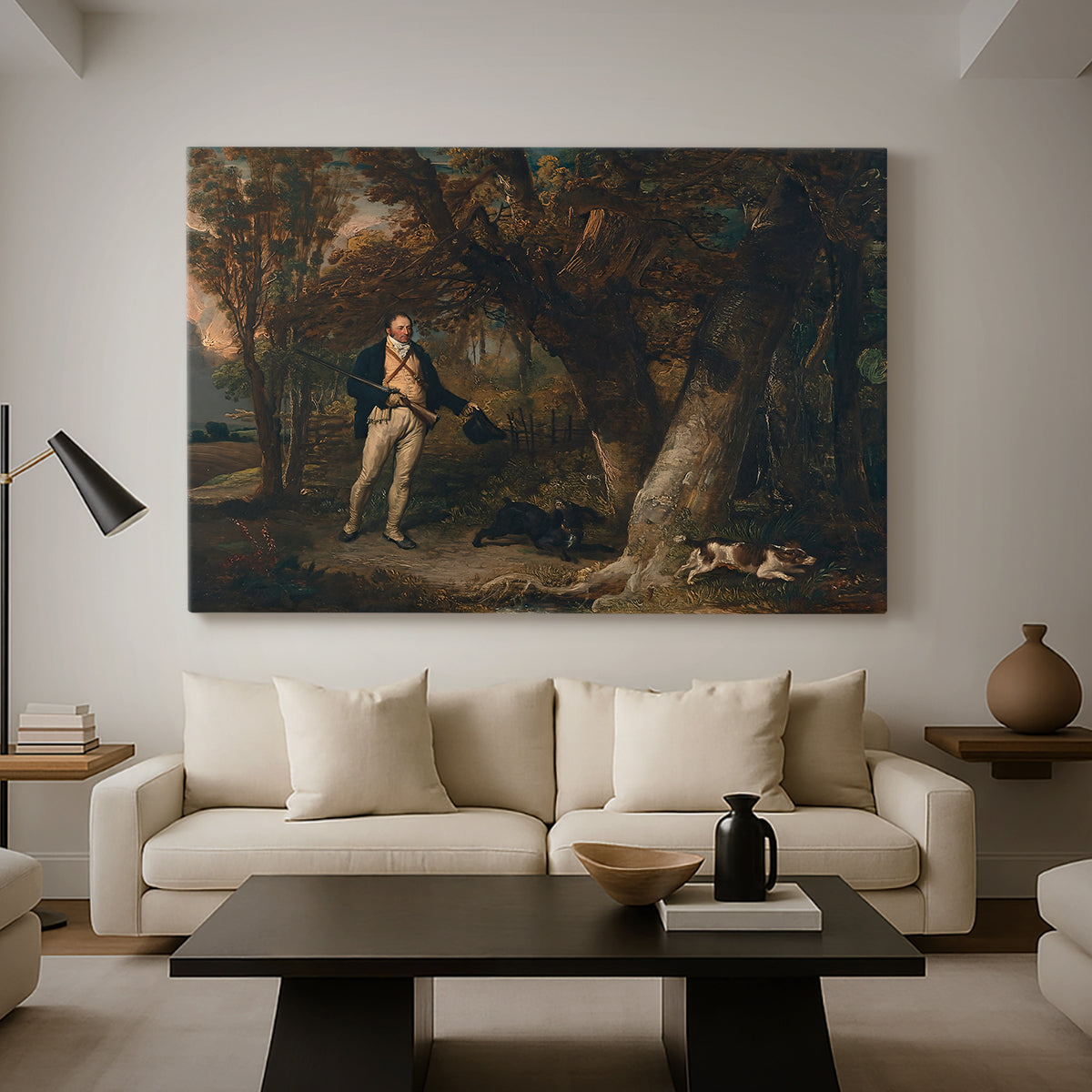 Canvas art print featuring a rural composition featuring hunter and animals, displayed in a spacious living room