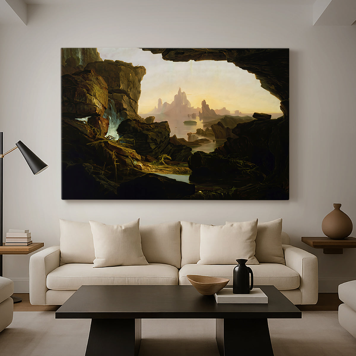 Canvas art print featuring a dramatic biblical scene of water retreating across terrain, displayed in a spacious living room