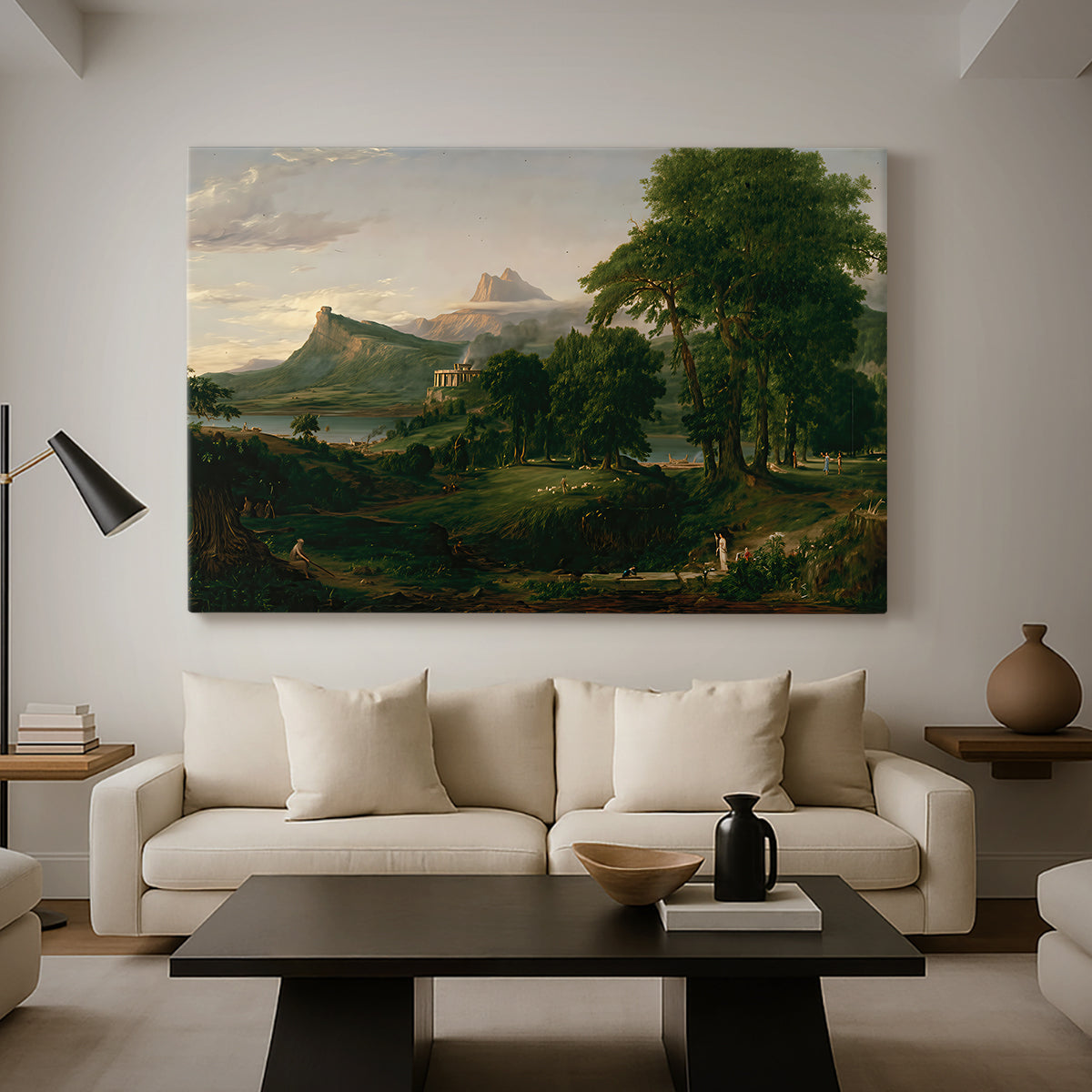 Canvas art print featuring a balanced landscape combining nature and human settlement, displayed in a spacious living room