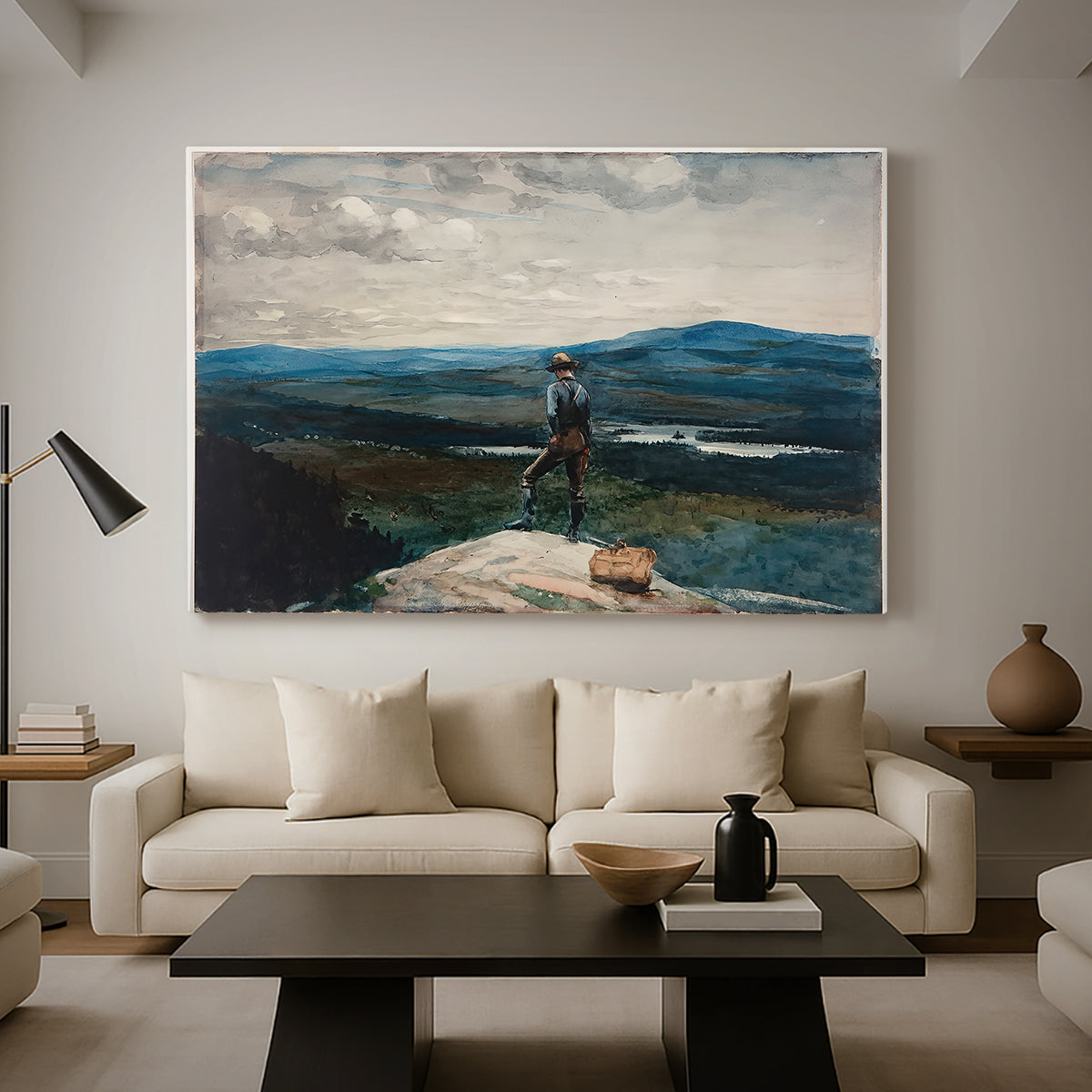 Canvas art print featuring a composition combining figure, water, and distant landscape, displayed in a spacious living room
