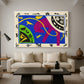 Canvas art print featuring an expressive abstract scene with symbolic circus-like figures, displayed in a spacious living room