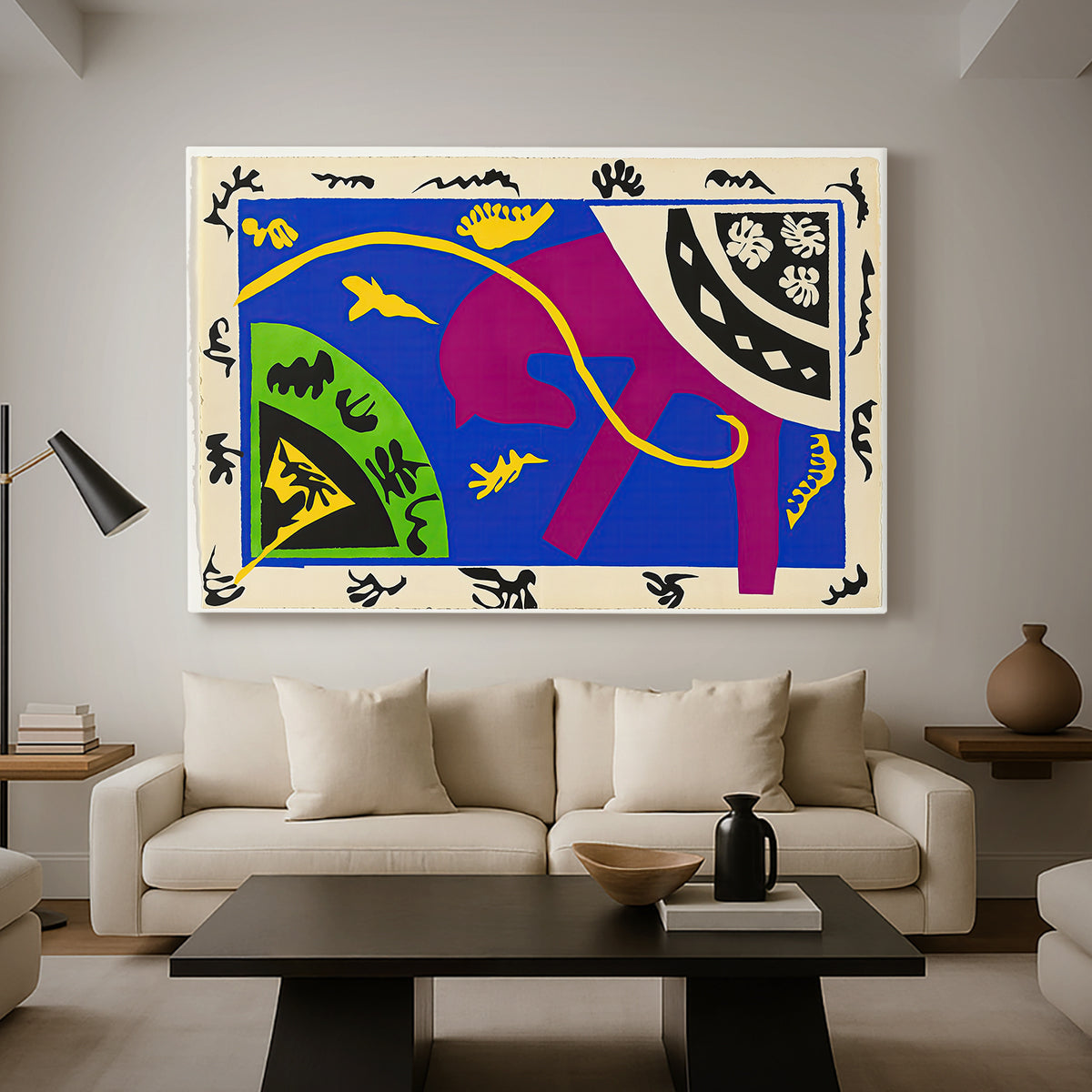 Canvas art print featuring an expressive abstract scene with symbolic circus-like figures, displayed in a spacious living room