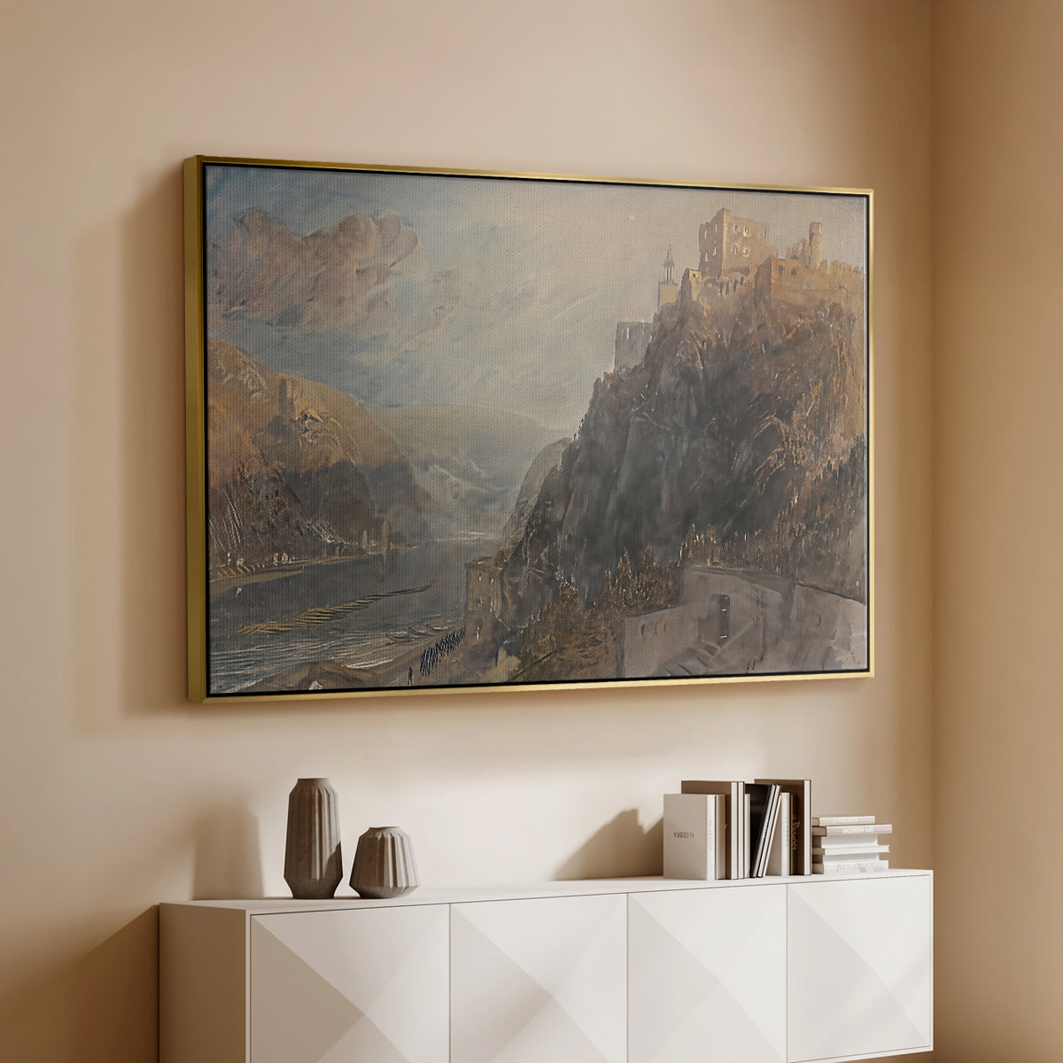 Rheinfels Looking to Katz and Gourhausen, 1817 - Floater Framed Canvas Print