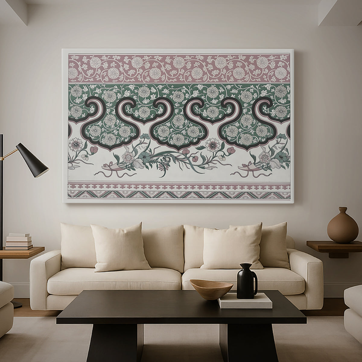 Canvas art print featuring a patterned composition featuring symmetrical abstract elements, displayed in a spacious living room