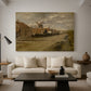 Canvas art print featuring a countryside setting with water and industrial building, displayed in a spacious living room