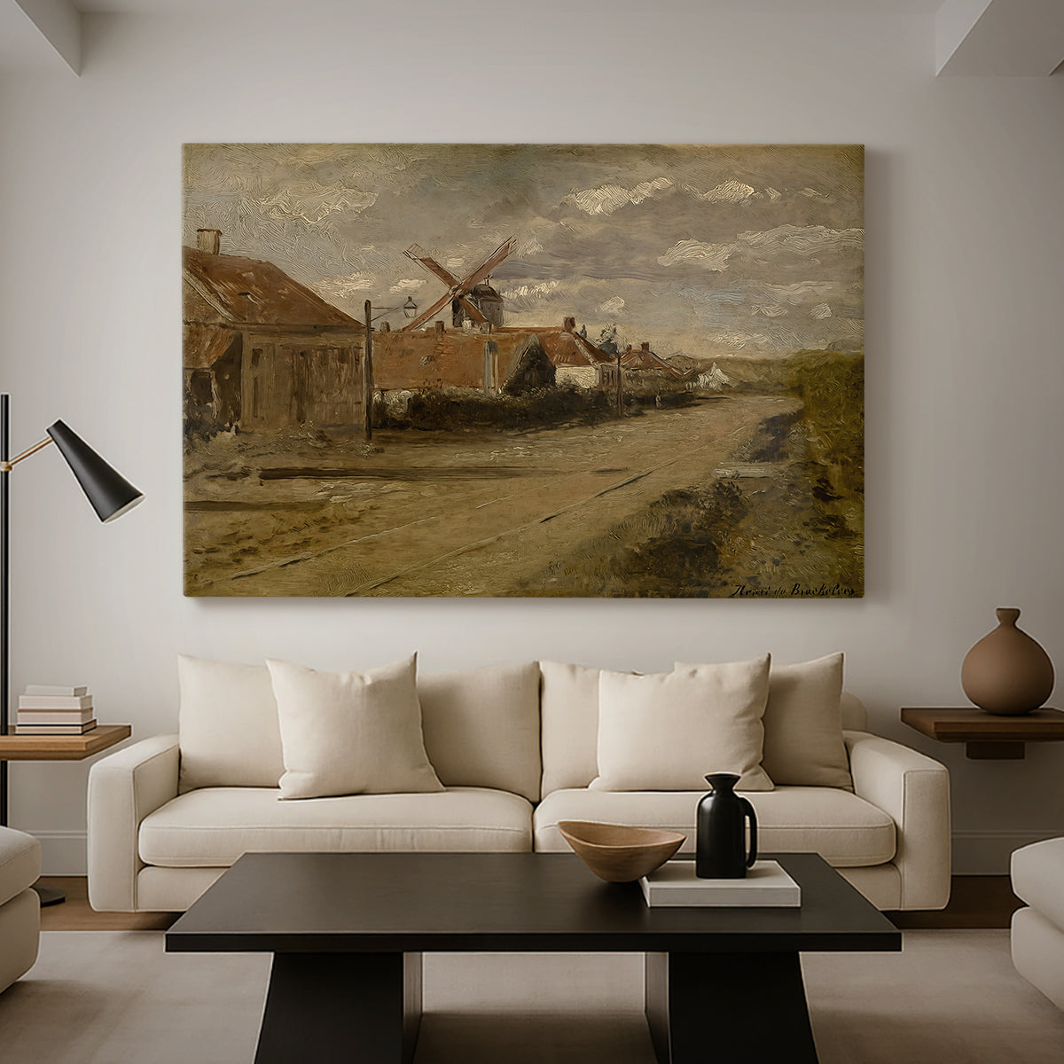 Canvas art print featuring a countryside setting with water and industrial building, displayed in a spacious living room