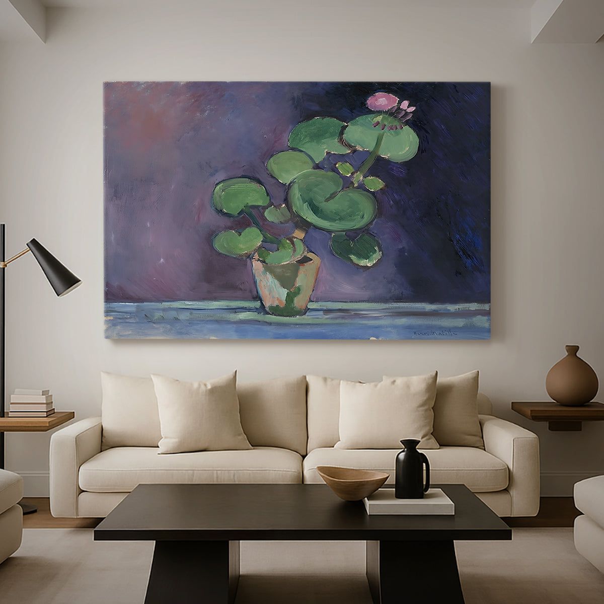 Canvas art print featuring a close-up plant study with bold color contrast, displayed in a spacious living room