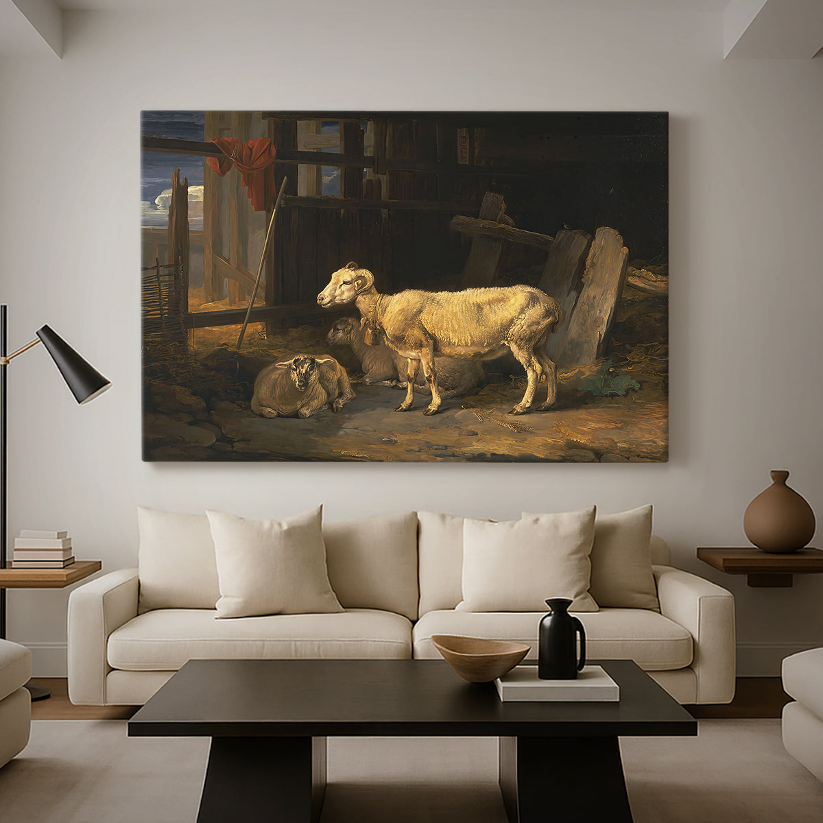 Canvas art print featuring an interior scene with sheep in agricultural setting, displayed in a spacious living room